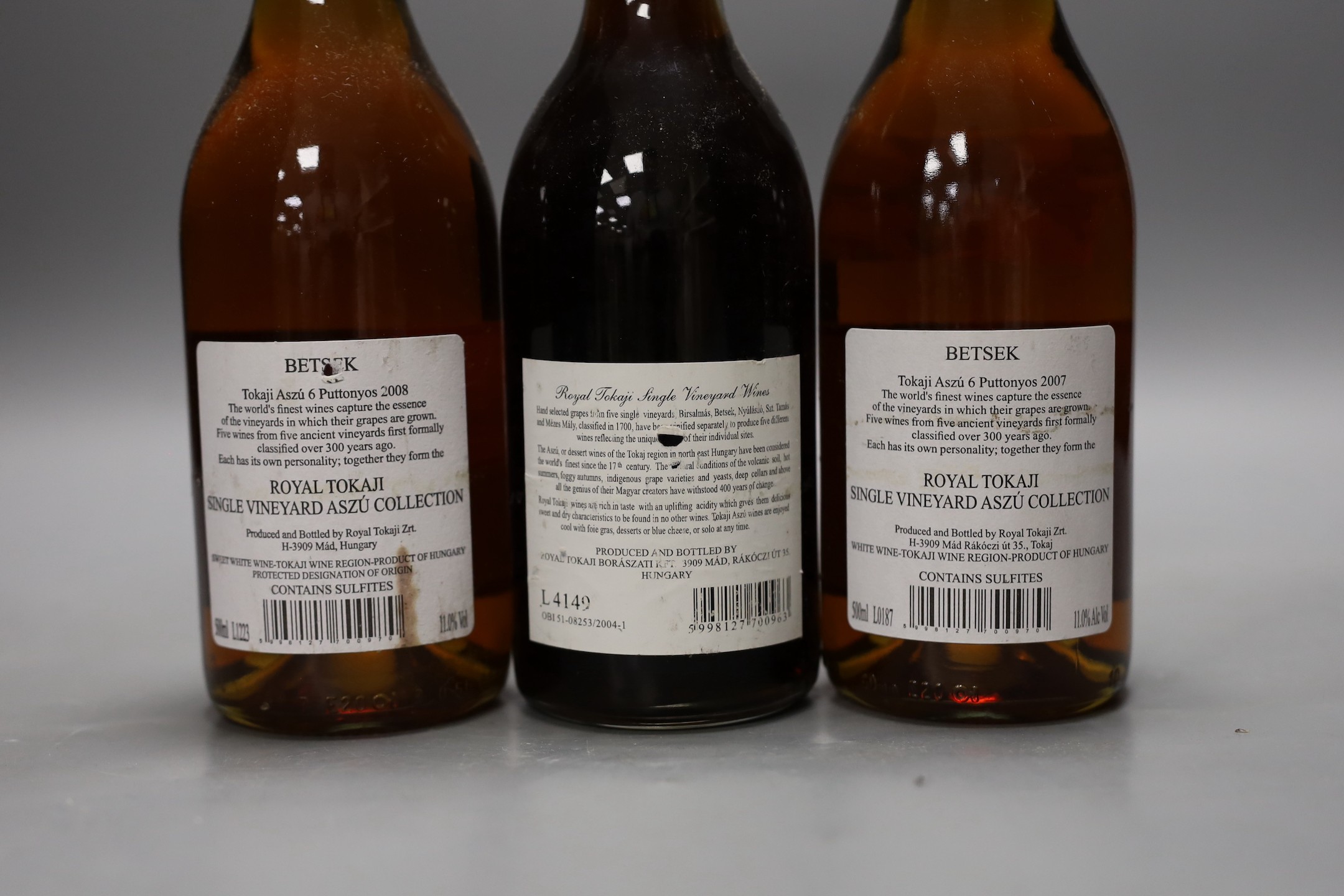 Three bottles of Royal Tokaji Betsek, 1999, 2007 & 2008.